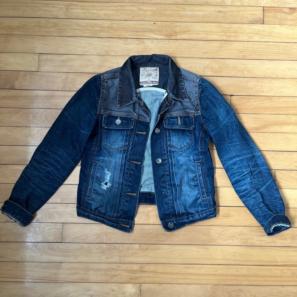 Cult of Individuality Mens Distressed Denim Trucker Jacket Blue Corduroy Large